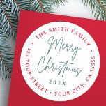 Pegatina Redonda Merry Christmas red green script return address<br><div class="desc">Las etiquetas de las direcciones de retorno de vacaciones de invierno con el texto "Feliz Navidad" y un año personalizado con un tipo de letra verde,  escrito a mano,  y tu nombre y dirección de retorno en rojo. Fondo blanco. Todos los colores son personalizable.</div>