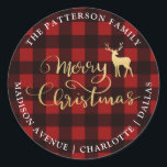 Pegatina Redonda Merry Christmas Red Plaid | Gold Antler Stag<br><div class="desc">Merry Christmas Red Plaid | Gold Antler Stag</div>