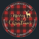 Pegatina Redonda Merry Christmas Red Plaid | Gold Antler Stag<br><div class="desc">Merry Christmas Red Plaid | Gold Antler Stag</div>