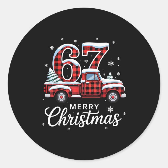 Pegatina Redonda Merry Christmas Red Plaid Truck Buffalo Family 67  (Anverso)