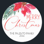 Pegatina Redonda Merry Christmas Red Poinsettia<br><div class="desc">Feliz pegatina de Navidad con diseño de poinsettia roja.</div>