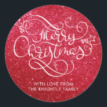 Pegatina Redonda Merry Christmas Red Purpurina Script Typography<br><div class="desc">Pegatinas navideñas personalizadas con el saludo MERRY CHRISTMAS en una tipografía retro y elegante de caligrafía en falso purpurina rojo. Utilizar como etiquetas de regalo o sellos para sobres de dirección de retorno. ASISTENCIA: Para obtener ayuda con la modificación o personalización del diseño, el cambio de color, la transferencia del...</div>