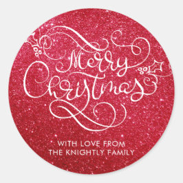 Pegatina Redonda Merry Christmas Red Purpurina Script Typography