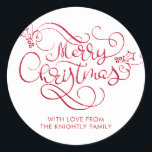 Pegatina Redonda Merry Christmas Red Purpurina Script Typography<br><div class="desc">Pegatinas navideñas personalizadas con el saludo MERRY CHRISTMAS en una tipografía retro y elegante de caligrafía en falso purpurina rojo. Utilizar como etiquetas de regalo o sellos para sobres de dirección de retorno. ASISTENCIA: Para obtener ayuda con la modificación o personalización del diseño, el cambio de color, la transferencia del...</div>