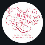 Pegatina Redonda Merry Christmas Red Purpurina Script Typography<br><div class="desc">Pegatinas navideñas personalizadas con el saludo MERRY CHRISTMAS en una tipografía retro y elegante de caligrafía en falso purpurina rojo. Utilizar como etiquetas de regalo o sellos para sobres de dirección de retorno. ASISTENCIA: Para obtener ayuda con la modificación o personalización del diseño, el cambio de color, la transferencia del...</div>