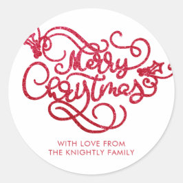 Pegatina Redonda Merry Christmas Red Purpurina Script Typography