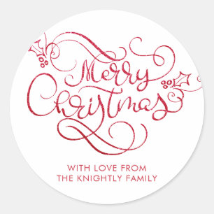 Pegatina Redonda Merry Christmas Red Purpurina Script Typography