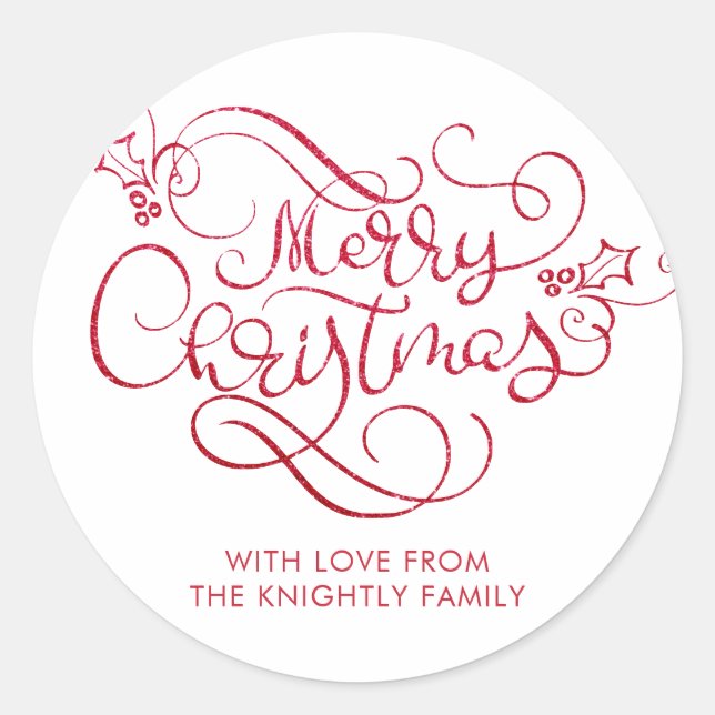 Pegatina Redonda Merry Christmas Red Purpurina Script Typography (Anverso)