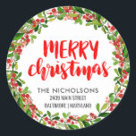 Pegatina Redonda Merry Christmas Red Script Holiday Return Address<br><div class="desc">Merry Christmas Red Script Holiday Return Address</div>