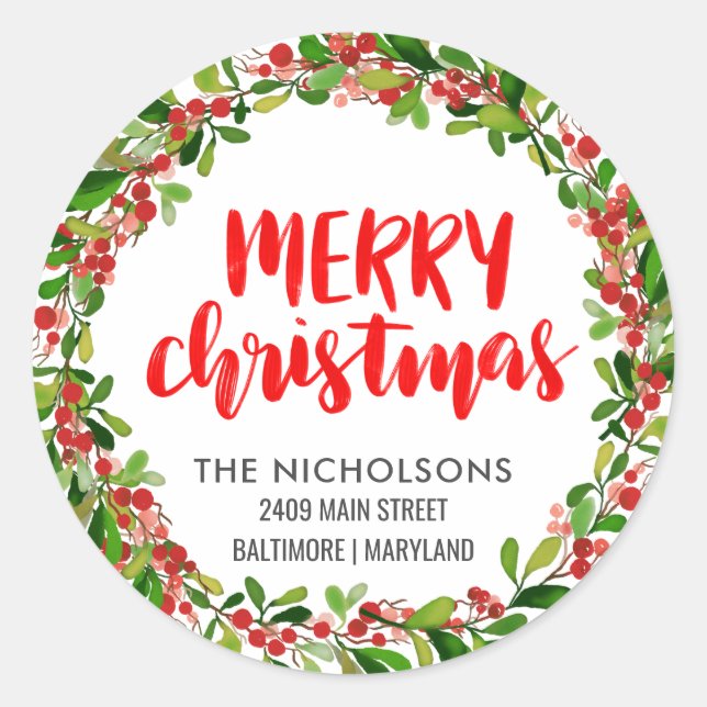 Pegatina Redonda Merry Christmas Red Script Holiday Return Address (Anverso)