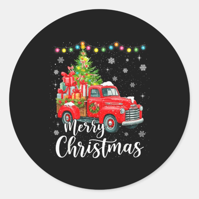 Pegatina Redonda Merry Christmas Red Truck Family Christmas Matchin (Anverso)