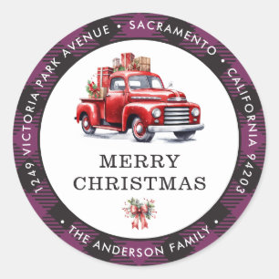 Pegatina Redonda Merry Christmas Red Truck Plaid Return Address