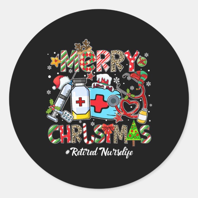 Pegatina Redonda Merry Christmas Retired Nurse Life Men Women Xmas  (Anverso)