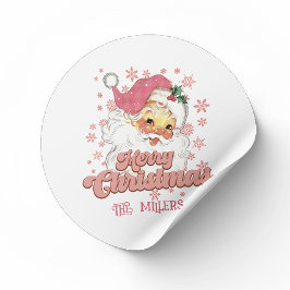 Pegatina Redonda Merry Christmas Retro Typography Santa Gorra Rosa