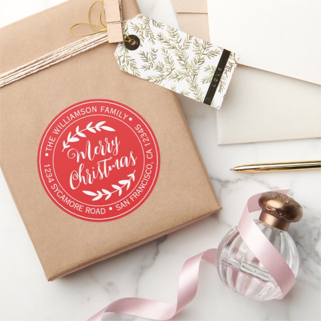 Pegatina Redonda Merry Christmas Return Address Bright Red (Regalar)