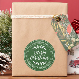 Pegatina Redonda Merry Christmas Return Address Green
