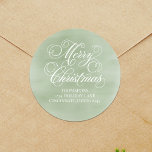 Pegatina Redonda Merry Christmas Return Address Green Script<br><div class="desc">Este diseño presenta una alegre etiqueta navideña,  dirección de retorno,  con un sencillo minimalista,  color verde acuático,  estilo vacacional con guión de caligrafía,  tipografía,  perfecto para el envío de Navidades,  un diseño clásico tradicional y elegante.</div>