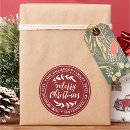 Pegatina Redonda Merry Christmas Return Address Red