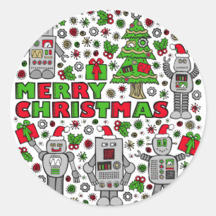 Pegatina Redonda Merry Christmas Robots