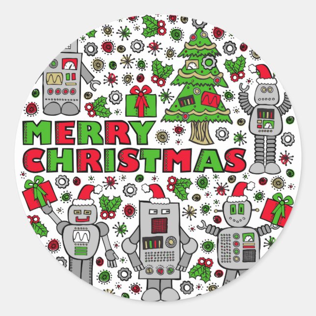 Pegatina Redonda Merry Christmas Robots (Anverso)