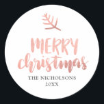 Pegatina Redonda Merry Christmas Rosa Gold Typography | Vacaciones<br><div class="desc">Merry Christmas Rosa Gold Typography | Vacaciones</div>