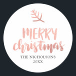 Pegatina Redonda Merry Christmas Rosa Gold Typography | Vacaciones<br><div class="desc">Merry Christmas Rosa Gold Typography | Vacaciones</div>
