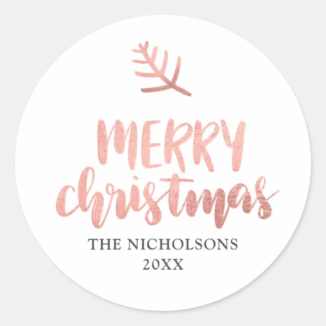 Pegatina Redonda Merry Christmas Rosa Gold Typography | Vacaciones (Anverso)