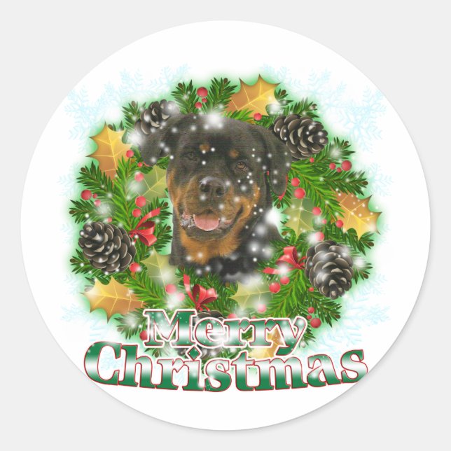 Pegatina Redonda Merry Christmas Rottweiler (Anverso)