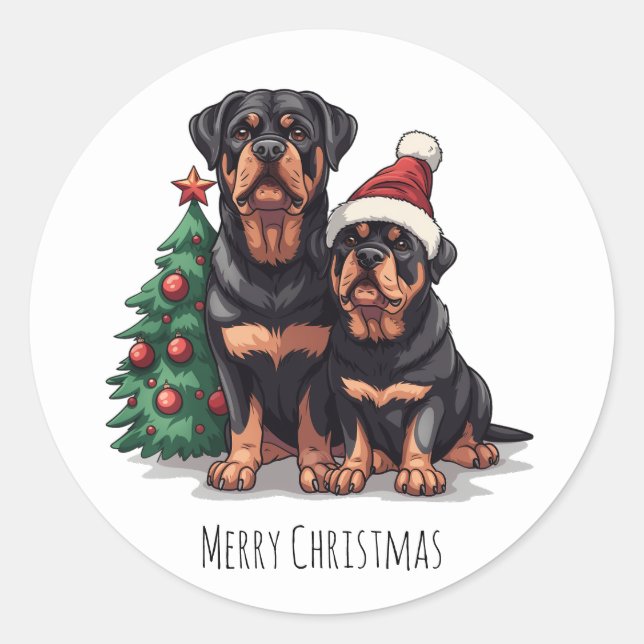 Pegatina Redonda Merry Christmas Rottweiler Dog Christmas Tree (Anverso)