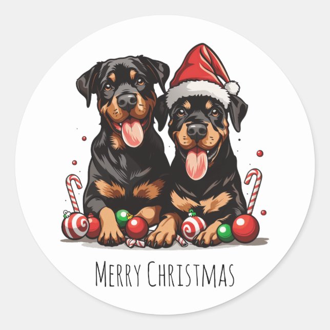 Pegatina Redonda Merry Christmas Rottweiler Dog Santa (Anverso)