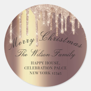 Pegatina Redonda Merry Christmas RSVP Rosa Gold Return Address