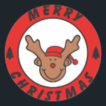 Pegatina Redonda Merry Christmas Rudolf reno con baum<br><div class="desc">Merry Christmas con el reno. Merry Christmas with Reindeer the.</div>