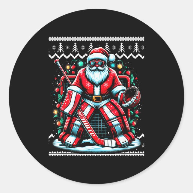 Pegatina Redonda Merry Christmas Santa Hockey Goalie Ugly Christmas (Anverso)