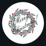 Pegatina Redonda Merry Christmas Script Bonito blanco festivo<br><div class="desc">Esta es una simple pegatina de Navidad Blanca Nieve en casa para todas tus necesidades de vacaciones. Sobres,  regalos,  etc. Amo la corona del país.</div>