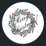 Pegatina Redonda Merry Christmas Script Bonito blanco festivo<br><div class="desc">Esta es una simple pegatina de Navidad Blanca Nieve en casa para todas tus necesidades de vacaciones. Sobres,  regalos,  etc. Amo la corona del país.</div>
