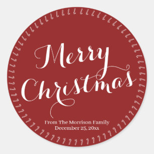 Pegatina Redonda Merry Christmas script burgundy nombre personaliza