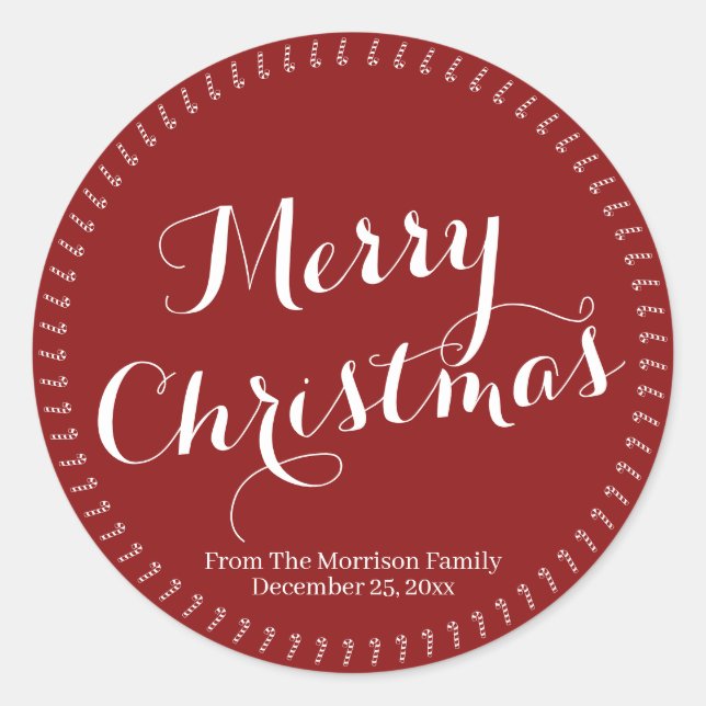Pegatina Redonda Merry Christmas script burgundy nombre personaliza (Anverso)