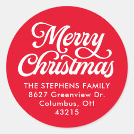 Pegatina Redonda Merry Christmas script, dirección de retorno roja