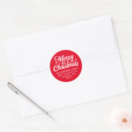 Pegatina Redonda Merry Christmas script, dirección de retorno roja 