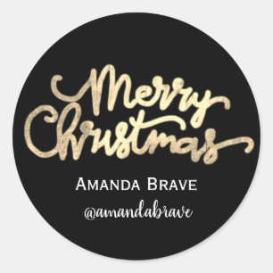 Pegatina Redonda Merry Christmas Script Name Gold Black White