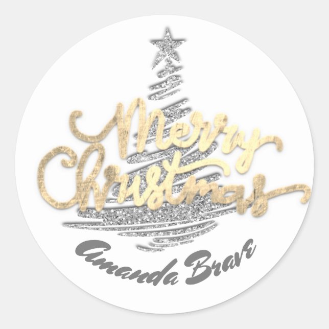 Pegatina Redonda Merry Christmas Script Name Gold Gray White (Anverso)