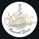 Pegatina Redonda Merry Christmas Script Name Gold Gray White<br><div class="desc">diseño florenceK</div>