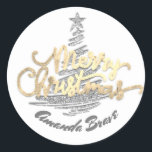 Pegatina Redonda Merry Christmas Script Name Gold Gray White<br><div class="desc">diseño florenceK</div>