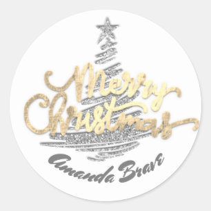 Pegatina Redonda Merry Christmas Script Name Gold Gray White