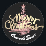 Pegatina Redonda Merry Christmas Script Name Gold Rosa White<br><div class="desc">diseño florenceK</div>