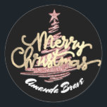 Pegatina Redonda Merry Christmas Script Name Gold Rosa White<br><div class="desc">diseño florenceK</div>