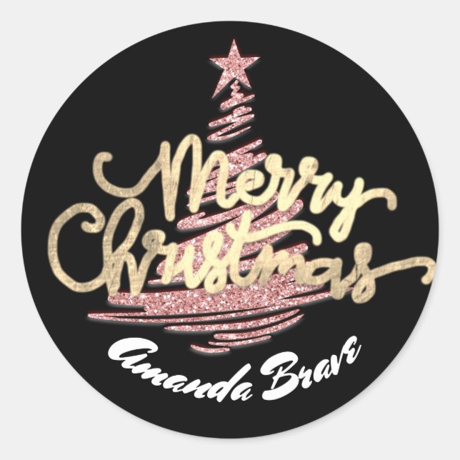 Pegatina Redonda Merry Christmas Script Name Gold Rosa White (Anverso)
