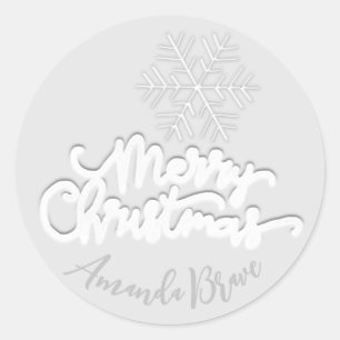 Pegatina Redonda Merry Christmas Script Name Gray Snowflakes White