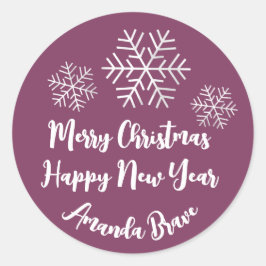 Pegatina Redonda Merry Christmas Script Name Snowflake Berry Pink