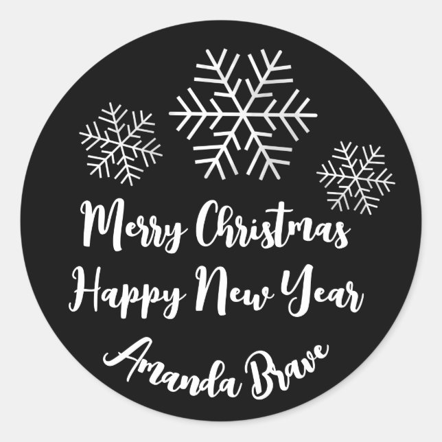 Pegatina Redonda Merry Christmas Script Name Snowflake BlackWhite (Anverso)